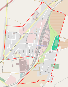 Mapa konturowa Nowych Skalmierzyc, blisko centrum na prawo znajduje się punkt z opisem „Nowe Skalmierzyce”