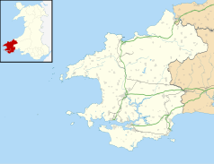 Mapa konturowa Pembrokeshire, na dole nieco na lewo znajduje się punkt z opisem „Latarnia morska Skokholm”