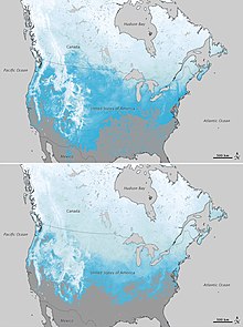 Decreased snow levels in the winter of 2011 to 2012 based on snow maps made by Hall using MODIS data from NASA's Terra satellite