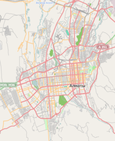 Mapa konturowa Ałmaty, blisko centrum na dole znajduje się punkt z opisem „Stadion Centralny w Ałmaty”