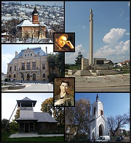 Pe verticală: Biserica_Sfantul Nicolae din Dorohoi; Prefectura Veche din Botoșani, Biserica din lemn de la Brăești; Monumentul răscoalei din 1907 de la Flămânzi; Clopotniţă în stil gotic din Săveni; George Enescu; Ștefan Luchian