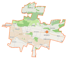 Mapa konturowa gminy Kampinos, blisko centrum na lewo znajduje się punkt z opisem „Łazy”