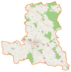 Mapa konturowa powiatu pleszewskiego, na dole nieco na lewo znajduje się punkt z opisem „Karminek”