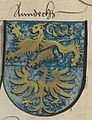 Stammwappen (um 1530), mit goldenem Löwen und goldenem Adler auf blauem Grund – ursprünglich waren die Wappentiere silbern