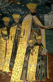 King Constantin Brâncoveanu of Wallachia, and his sons (Church mural in Hurezi Monastery).