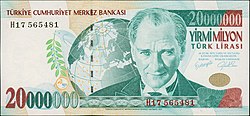 En çok sıfırlı banknotlar 10 ve 20 milyon Türk lirası 5 Kasım 1999'da ve 5 Kasım 2001'de tedavüle çıktı. Türk lirasından 6 sıfır atılması kapsamında 1 Ocak 2010'da tamamen tedavülden kaldırıldı. (bkz. Türkiye Cumhuriyeti banknotları)