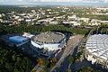 Blick auf das Gelände. Links die q.beyond Arena, in der Mitte die Barclays Arena und rechts im Anschnitt das Volksparkstadion.