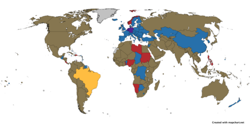 Map of the votes given by football associations to the 2027 FIFA Women's World Cup bids. Allowed to vote Banned from voting   Voted for Brazilian bid   Brazil   Voted for BNG bid   Belgium-Germany-Netherlands   Abstained from voting   Not a FIFA member