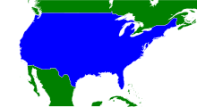 The contiguous United States are shaded in blue on this map of northern North America