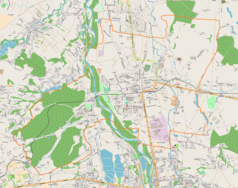 Mapa konturowa Kęt, w centrum znajduje się punkt z opisem „Kościół pw. Świętych Małgorzaty i Katarzyny w Kętach”