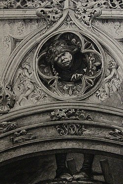 Illustratie uit een editie uit 1889, van Quasimodo, die vanuit de spelonken van de kerk naar buiten kijkt