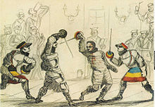 Drawing of student fencing in the Aumühle near Würzburg, Corps Moenania (left) vs. Landsmannschaft Makaria (right)