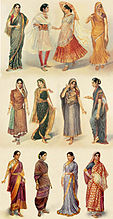 Illustration of different styles of sari, gagra choli and shalwar kameez worn by women in India.