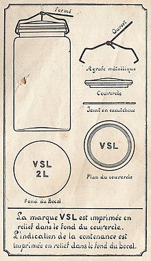 Le schéma montre le bocal fermé, le détail de l’agrafe and du couvercle, ainsi que le graphisme du logo de la marque VSL.