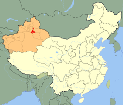 Ürümqi City jurisdiction (red) in Xinjiang (orange)