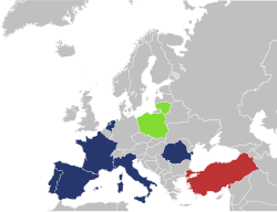 Az EGF tagállamai (kék), partnerállama (zöld) és megfigyelő állama (piros)