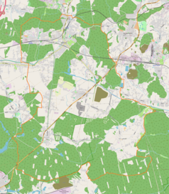 Mapa konturowa Orzesza, w centrum znajduje się punkt z opisem „Parafia św. Maksymiliana Kolbego”