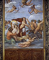 Triumph of Galatea, 1512, his only major mythology, for Chigi's villa (Villa Farnesina)