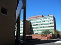 The Babbio Center in the foreground, with the Burchard Building in the background. Both are part of Stevens Institute of Technology.