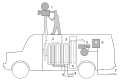 Intermediate film system for first Remote Truck (1936) - movie camera; 2 - film processor; 3 - washing bath; 4 - film drying compartment; 5 - telecine; 6 - monitor; 7 - video output; 8 - sewage; 9 - plumbing.