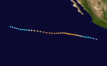 A map of the track of a hurricane over the Eastern Pacific Ocean; the hurricane generally moves west-northward for its entire life, except for a couple deviations westward