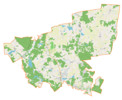 Mapa konturowa gminy Dywity, blisko centrum po lewej na dole znajduje się punkt z opisem „Parafia św. Katarzyny”