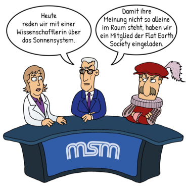 "Heute reden wir mit einer Wissenschaftlerin über das Sonnensystem. Damit ihre Meinung nicht alleine im Raum steht, haben wir ein Mitglied der Flat Earth Society eingeladen."