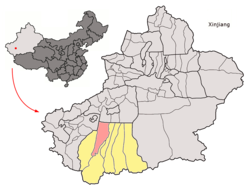 Location of Karakax County (red) within Hotan Prefecture (yellow) and Xinjiang