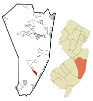 Map of Beach Haven West CDP in Ocean County. Inset: Location of Ocean County in New Jersey.