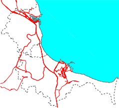 Mapa konturowa Trójmiasta, blisko centrum na lewo u góry znajduje się punkt z opisem „Gdynia Orłowo”