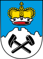 Markt Bodenmais Geteilt durch den Umriss des Silberbergs in Blau und Silber; oben der goldene Kurhut mit silbernem Hermelinbesatz, unten gekreuzt ein schwarzer Schlägel und ein schwarzer Bergmannshammer.[3]