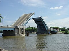 The drawbridge with the bascule spans partially open