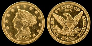 Liberty Head Quarter eagle (CAL) (1840–1907) Christian Gobrecht Very scarce 1848 "CAL" punch-marked variety