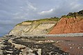 İngiltere’ye yakın Jura Blue Anchor formasyonu çökelleri. Alt Triyas yaşlı büyük bir normal fay.