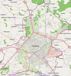 Mapa konturowa Radomia, po lewej nieco na dole znajduje się punkt z opisem „Parafia Świętego Krzyżaw Radomiu”