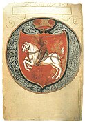 Die erste Seite der lateinischen Abschrift des Laurentius (1531) des Ersten litauischen Statuts. Vytis (Waikymas) ist auf einem Damastschild gezeichnet.