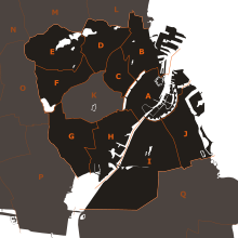 Stadtteile der Kommune Kopenhagen (seit 2007): A = Indre By