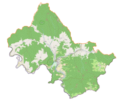 Mapa konturowa gminy Muszyna, blisko dolnej krawiędzi znajduje się punkt z opisem „Przejście graniczneLeluchów-Čirč”