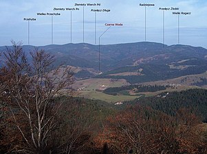 Radziejowa i okoliczne szczyty. Widok z Wysokiej