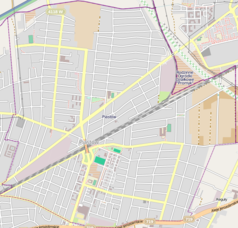 Mapa konturowa Piastowa, w centrum znajduje się punkt z opisem „Parafia Matki Bożej Częstochowskiej”