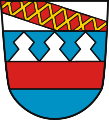 Gemeinde Lachen Unter silbernem Schildhaupt, darin ein mit goldenem Gitter belegter roter Schrägbalken, in Blau ein roter Balken, oben balkenweise drei silberne Eisenhüte.