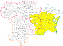 Mapka gmin departamentu Aude, region AOC Corbières zaznaczony na żółto