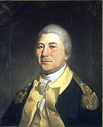 Painting of a gray haired man in a blue uniform with buff turnbacks and a white shirt