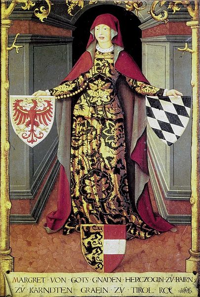 Margarete von Tirol mit dem Kärntner Wappen zu ihren Füßen (Ölgemälde 16. Jahrhundert)