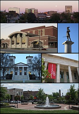 Clockwise from top: Spartanburg skyline, Daniel Morgan statue, Chapman Cultural Center, Morgan Square, Main Building at Wofford College, Spartanburg Memorial Auditorium