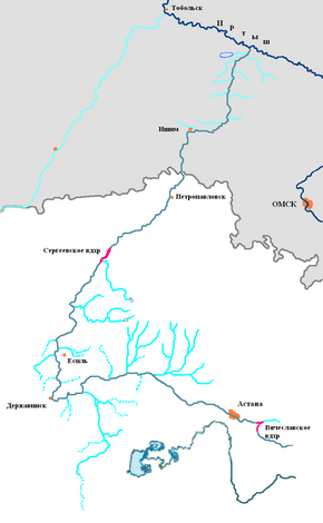 İşim nehir sistemi: Akkanburluk, en üstte ikinci sağ kol olup açık mavi renkle gösterilmiştir (resmin ortasındaki beyaz alan). — Kaynak, — Ağız, Kuzey Kazakistan