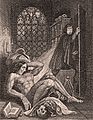 Frankenstein'ın canavarı yaratıcısı ondan kaçarken yerde şaşkın biçimde yatıyor. Theodore Von Holst'un çizimi Frankenstein'ın 1831 baskısı