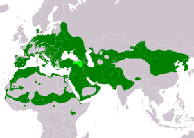 Approximate range in green shown on a map of the world