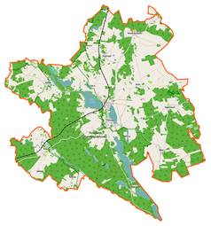 Mapa konturowa gminy Pszczew, na dole nieco na prawo znajduje się punkt z opisem „Borowy Młyn”