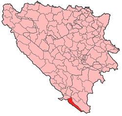 Location of Ravno within Bosnia and Herzegovina.